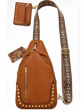 Brown Crossbody Sling Bag with Stud Accents
